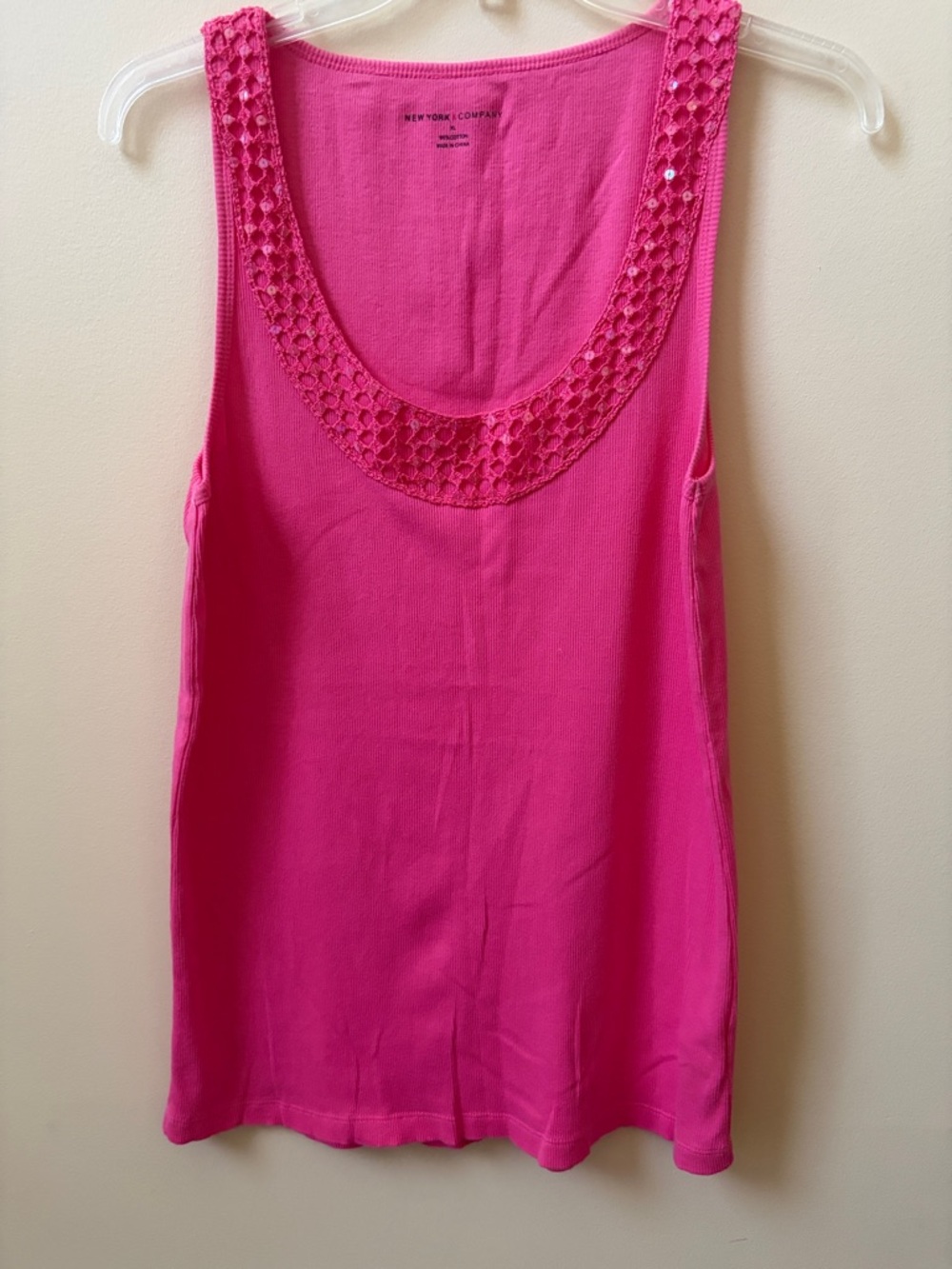 New York & Company Bright Pink Crochet-Trim Scoop Tank